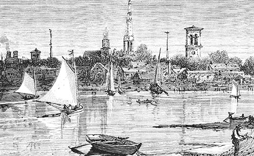 Illustrated scene of boat on Sag Harbor