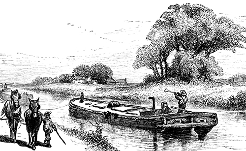 Illustrated scene of boat on Erie Canal