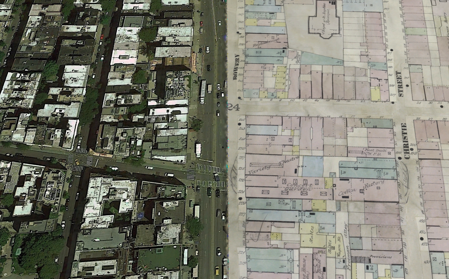 Google Earth Pro showing half contemporary satellite image and half historical map