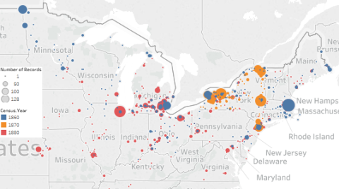 A map displaying the data points of African North American birthplaces